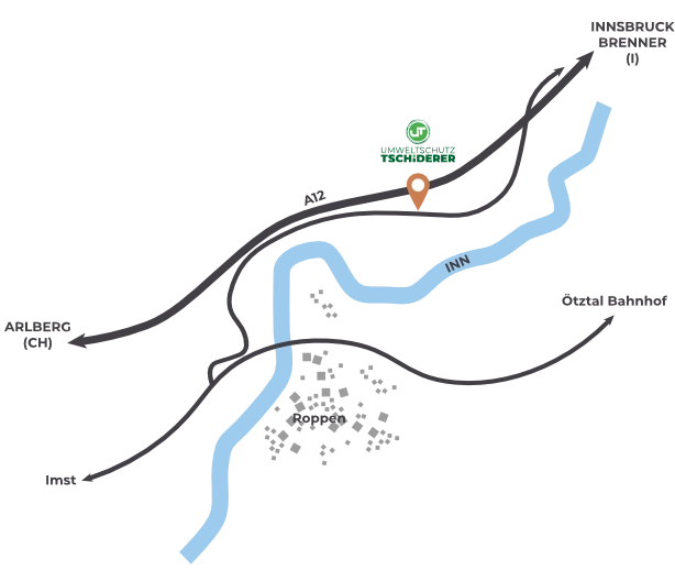 Einfache Karte mit einem Fluss, Straßen, einer Stadt und dem tschiderer fuhrpark nördlich des Flusses.